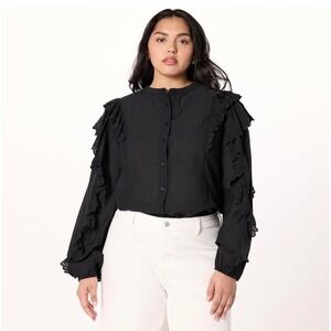The Drop Woman's Romantic Arianna Ruffle Long Sleeve Blouse Top Black Size Large